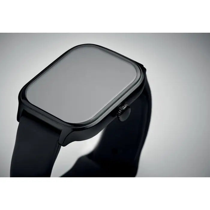 Ceas de sanatate fara fir inteligent negru cu ecran dreptunghiular rotunjit si curea din silicon negru