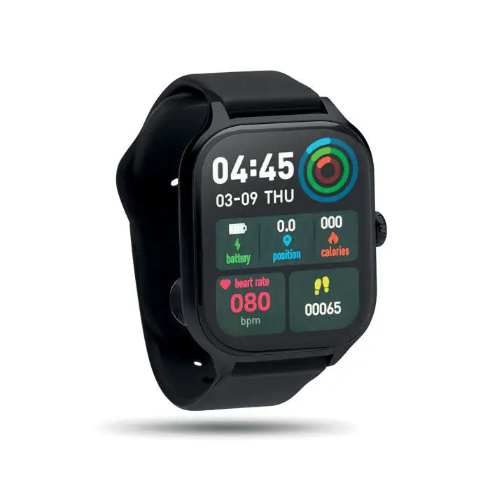 Ceas de sănătate fără fir inteligent negru cu ecran dreptunghiular și bandă mată pentru monitorizare fitness
