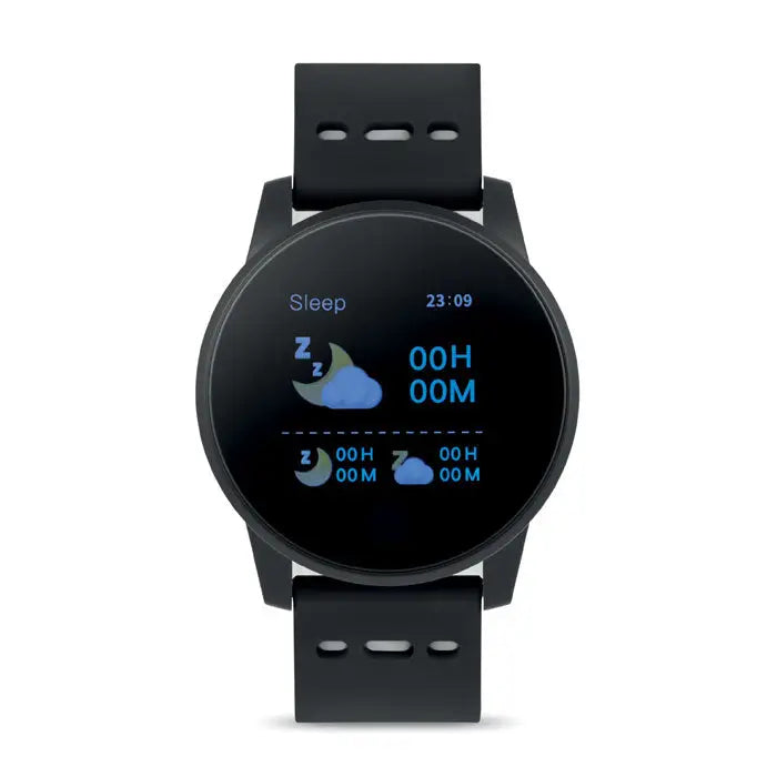 Ceas inteligent sport negru cu ecran circular tactil afisand date despre somn si ora, curea din silicon mat