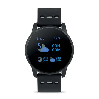Ceas inteligent sport negru cu ecran circular tactil afisand date despre somn si ora, curea din silicon mat