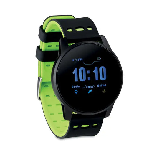 Ceas inteligent sport negru cu verde neon ecran digital circular afisand ora pasi si calorii