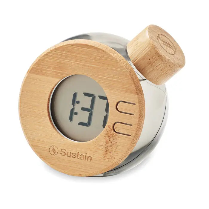 Ceas lcd rotund cu capac din bambus si corp metalic argintiu alimentat cu apa pentru birou sau dormitor