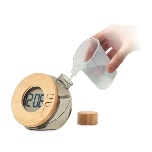 Ceas lcd din bambus cu corp metalic si termometru alcoolic integrat pentru masurarea temperaturii ambientale