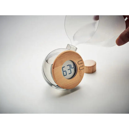 Ceas lcd din bambus cu termometru transparent si ecran digital care afiseaza temperatura 634