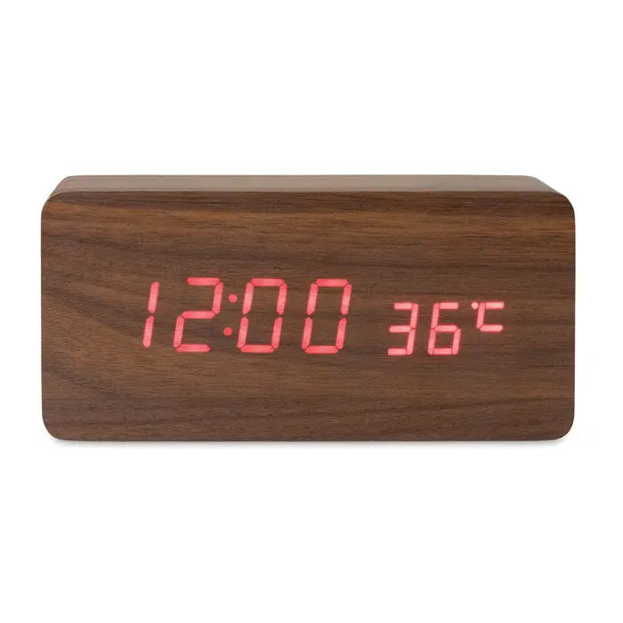 Ceas led dreptunghiular din lemn maro cald cu afisaj led rosu pentru ora si temperatura si incarcator wireless 5w