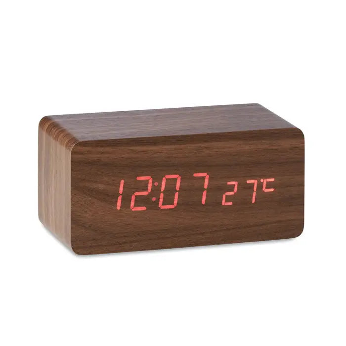 Ceas led rectangular din lemn cu finisaj maro cald si display led rosu afisand ora si temperatura cu incarcare wireless 5w