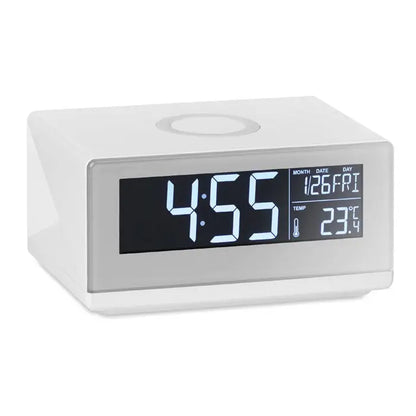 Ceas led alb dreptunghiular cu design modern si afisaj digital cu ora si temperatura, incarcare wireless 5w