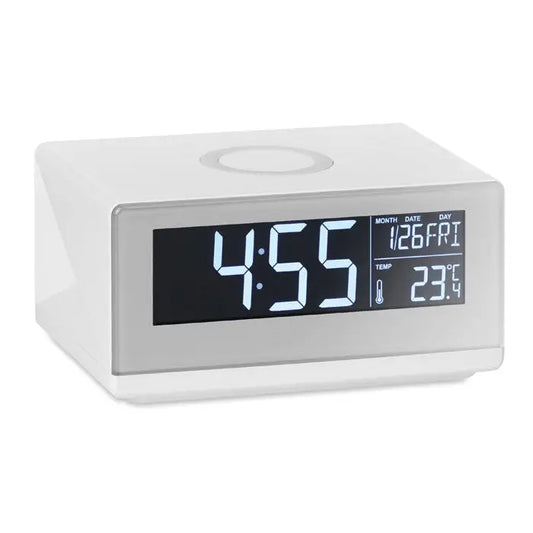Ceas led alb dreptunghiular cu design modern si afisaj digital cu ora si temperatura, incarcare wireless 5w