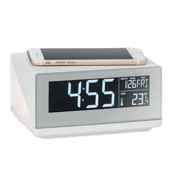 Ceas led si incarcator wireless 5w argintiu digital cu afisaj pentru ora data si temperatura si statie de incarcare telefon