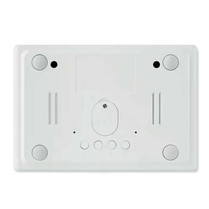 Termostat inteligent alb dreptunghiular cu orificii circulare, sloturi de ventilatie si buton central pentru ceas led si incarcator wireless 5w