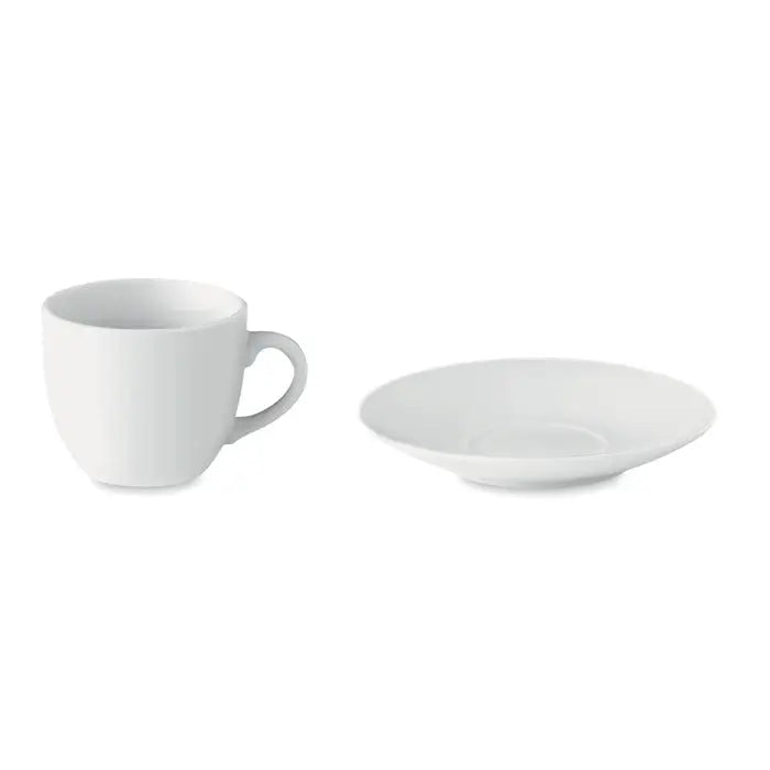 Ceasca espresso si farfurie 80 ml din portelan alb cu design minimalist si suprafata neteda