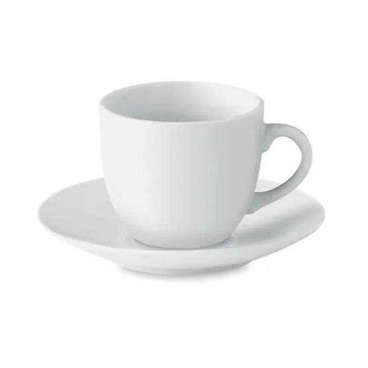 Ceasca espresso si farfurie 80 ml din ceramica alba cu design minimalist pentru servire espresso