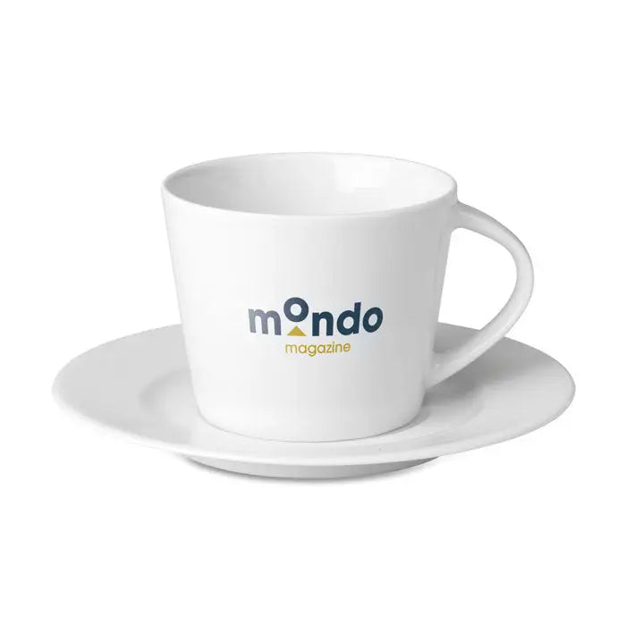 Ceasca si farfurie pentru cappuccino din ceramica alba cu logo mondo magazine albastru marin si auriu