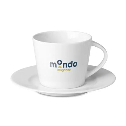 Ceasca si farfurie pentru cappuccino din ceramica alba cu logo mondo magazine albastru marin si auriu