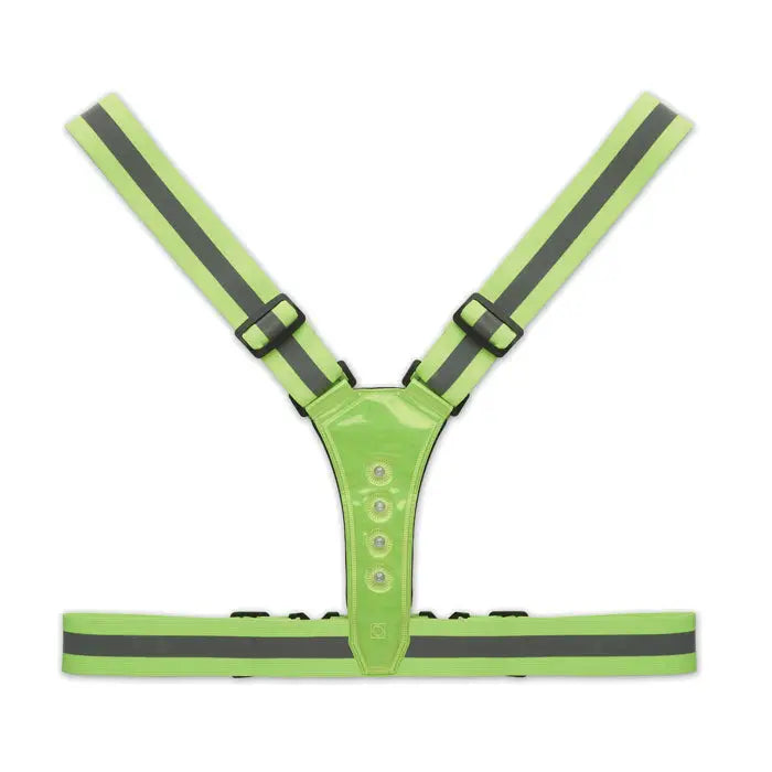 Centura de corp reflectorizanta cu led in verde lime cu dungi negre si barete reglabile din material reflectorizant