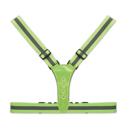 Centura de corp reflectorizanta cu led in verde lime cu dungi negre si bretele reglabile, vedere spate