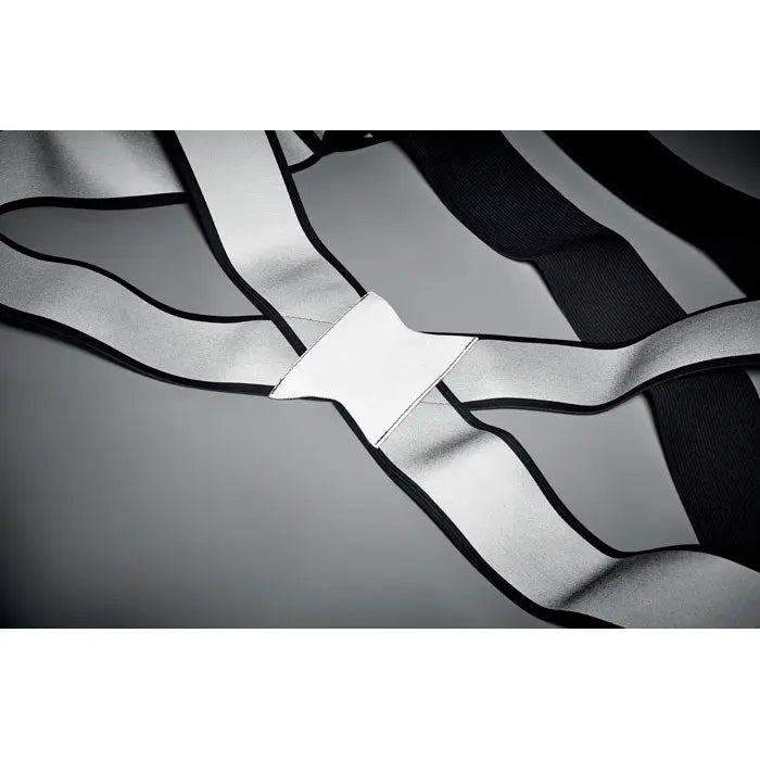Centura reflectorizanta 360 reglabila cu bretele din satin argintiu cu margine neagra si catarama metalica argintie