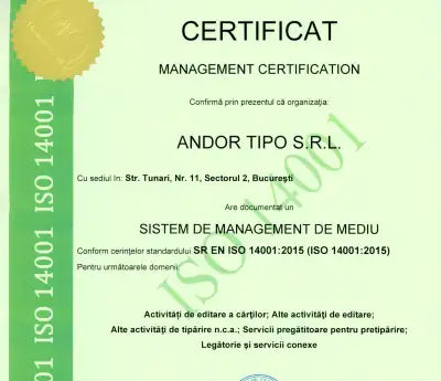 Certificat de management verde și aur pentru andor tipo s.r.l.