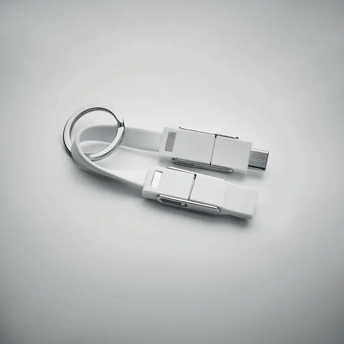 Cheie cu cablu 4 in 1 alb cu conectori metalici usb-c si lightning si breloc integrat pentru incarcare multifunctionala
