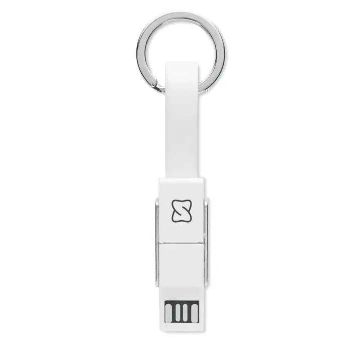 Cheie cu cablu 4 in 1 usb alb cu logo minimalist și inel metalic argintiu pentru atașare rapidă