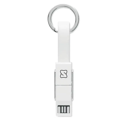 Cheie cu cablu 4 in 1 usb alb cu logo minimalist și inel metalic argintiu pentru atașare rapidă