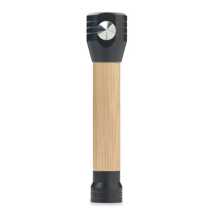 Ciocan de urgenta 3 in 1 cu lanterna bambus negru si lemn deschis si buton argintiu circular de aprindere