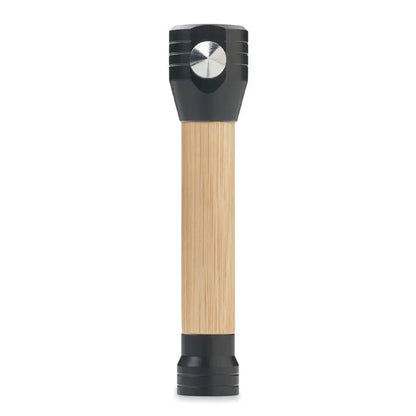 Ciocan de urgenta 3 in 1 cu lanterna bambus negru si lemn deschis si buton argintiu circular de aprindere