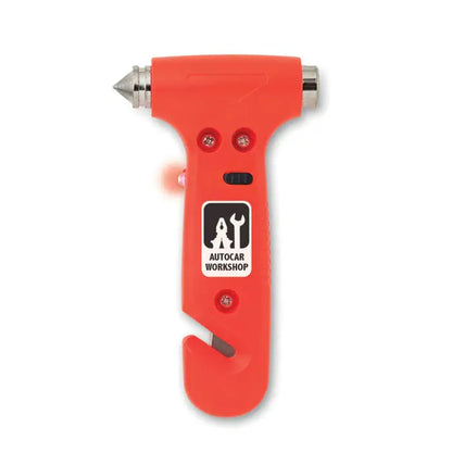 Ciocan de urgenta 3 in 1 cu maner plastic rosu, varf metalic si cutter integrat pentru situatii auto