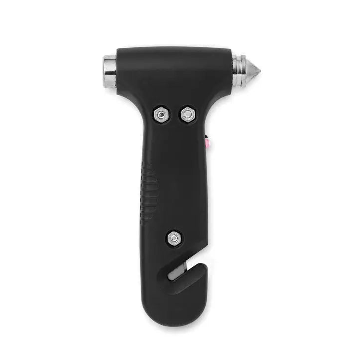 Ciocan de urgenta 3 in 1 cu maner negru din plastic, varf metalic si cutter pentru geam integrat