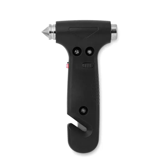 Ciocan de urgenta 3 in 1 negru din plastic si metal cu varf ascutit, carlig integrat si indicator luminos rosu
