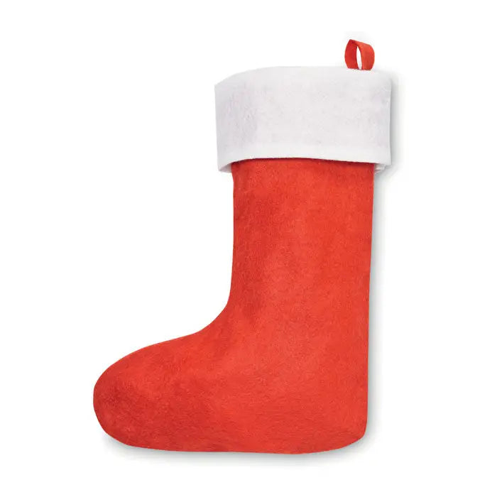 Cizma de craciun roșie din fetru cu manșetă albă din blană sintetică și buclă mică roșie pentru agățat