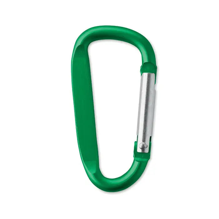 Clip carabinier din aluminiu verde cu mecanism argintiu pentru prindere sigura si usoara