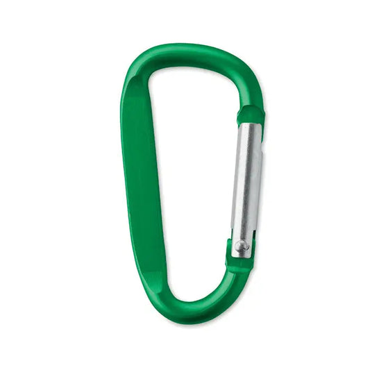 Clip carabinier din aluminiu verde cu mecanism argintiu pentru prindere sigura si usoara