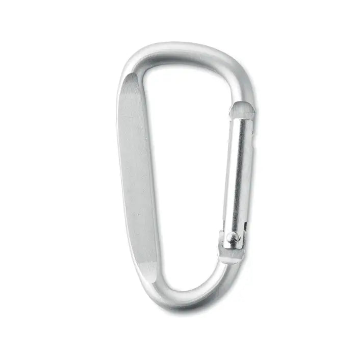 Clip carabinier din aluminiu argintiu cu finisaj usor periat si mecanism de arc pentru fixare rapida