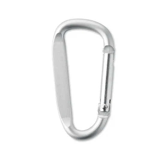 Clip carabinier din aluminiu argintiu cu finisaj usor periat si mecanism de arc pentru fixare rapida