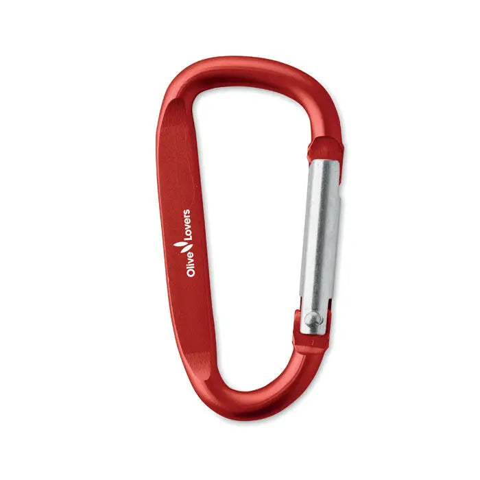 Clip carabinier din aluminiu rosu cu poarta argintie si branding olive lovers