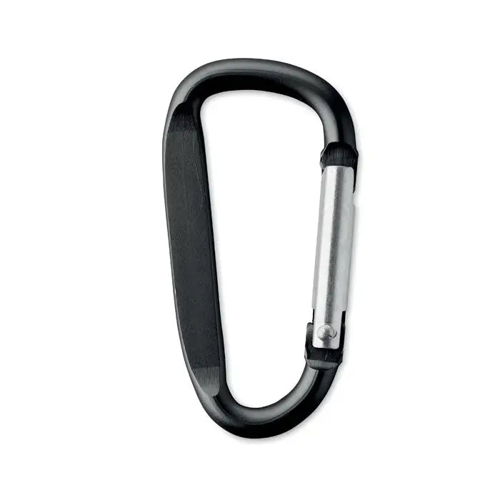 Clip carabinier din aluminiu negru cu poarta argintie si maner cauciucat negru pentru fixare sigura