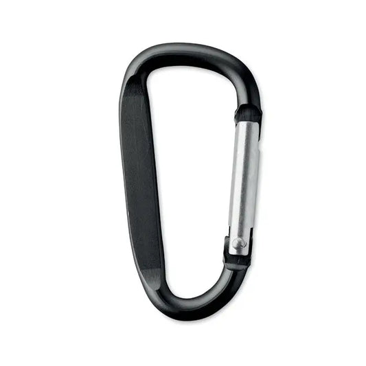 Clip carabinier din aluminiu negru cu poarta argintie si maner cauciucat negru pentru fixare sigura