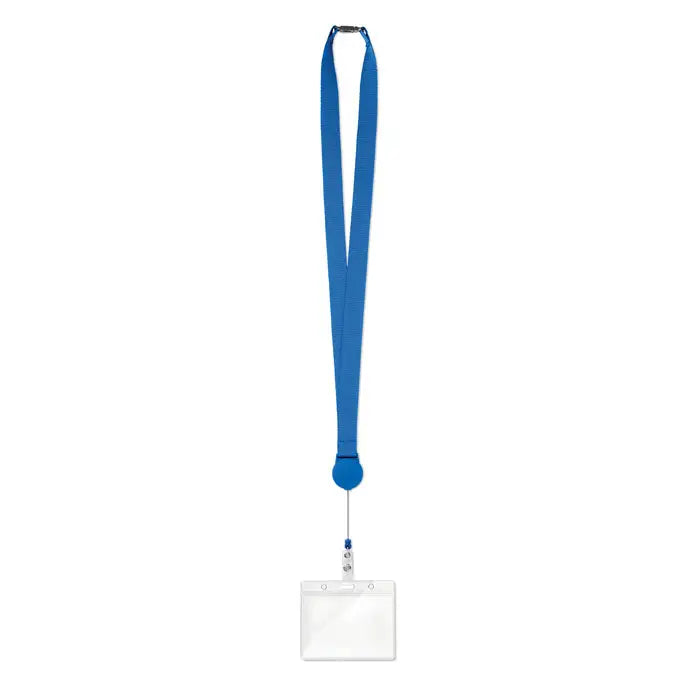 Clip retractabil pentru snur albastru cu suport transparent pentru ecuson din plastic