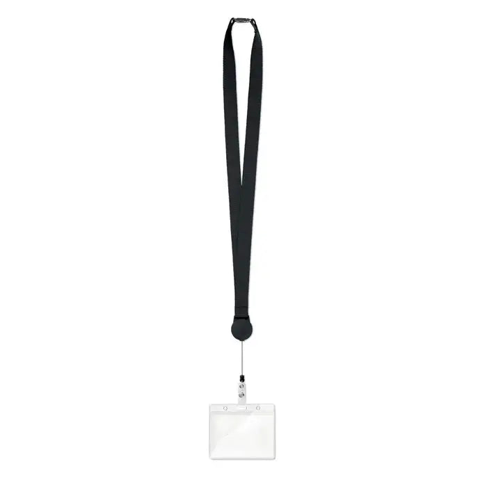 Clip retractabil pentru snur negru cu mecanism retractabil si suport transparent pentru id din plastic