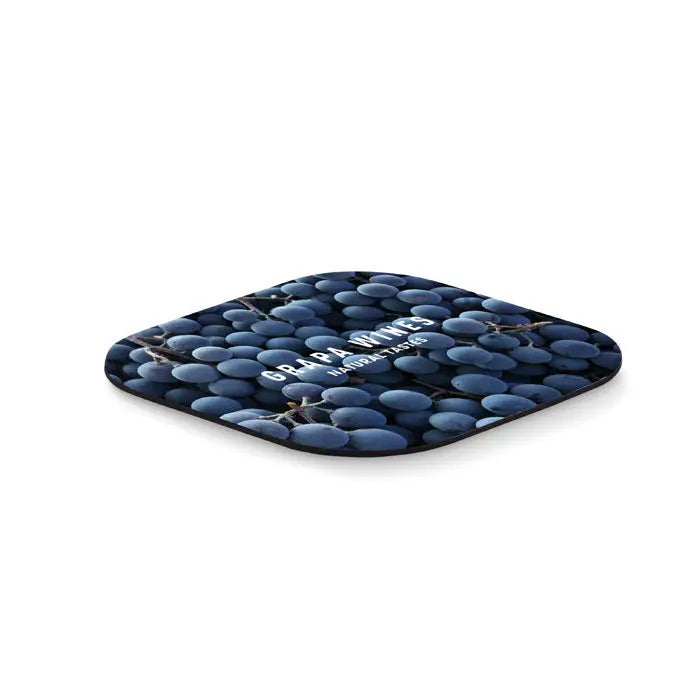 Coaster de sublimare patrat cu print detaliat de struguri albastri inchisi si text handcrafted pe fundal alb