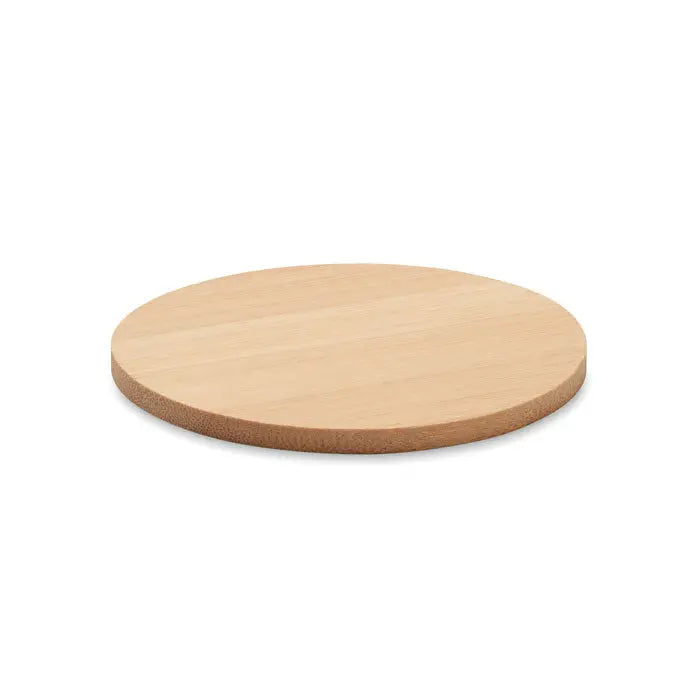 Coaster rotund din bambus cu finisaj natural neted si granule vizibile pe lemn deschis la culoare