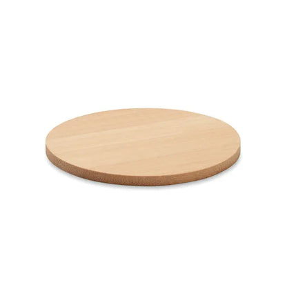 Coaster rotund din bambus cu finisaj natural neted si granule vizibile pe lemn deschis la culoare