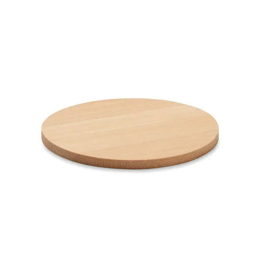 Coaster rotund din bambus cu finisaj natural neted si granule vizibile pe lemn deschis la culoare