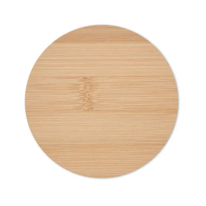 Coaster rotund din bambus cu finisaj natural maro deschis si textura vizibila a fibrei lemnului