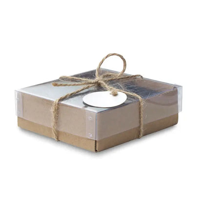 Coasters de ardezie cu fund eva ambalate într-o cutie pătrată cu folie transparentă și hârtie kraft maro legată cu sfoară naturală