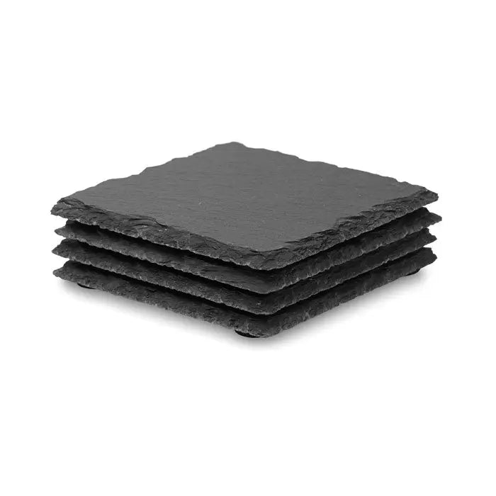 Set de patru coasters de ardezie gri inchis cu margini naturale si fund eva antialunecare