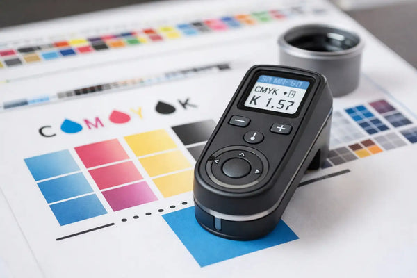 Colorimetru portabil negru cu afișaj digital care arată citiri CMYK, așezat pe un grafic de culori tipărit.