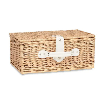 Cos de picnic din rachita pentru 2 persoane cu maner si inchizatoare din piele alba naturala tesut