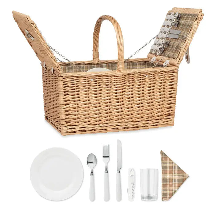 Cos de picnic din rachita pentru 4 persoane cu interior in carouri, compartimente organizate si maner rezistent